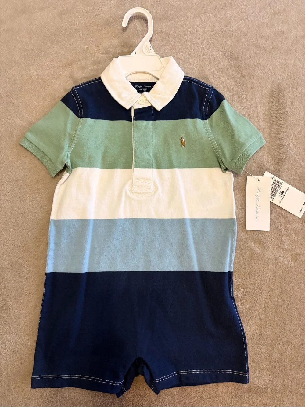 Ralph Lauren Striped Polo One-Piece Romper in Navy, Mint, White & Light Blue